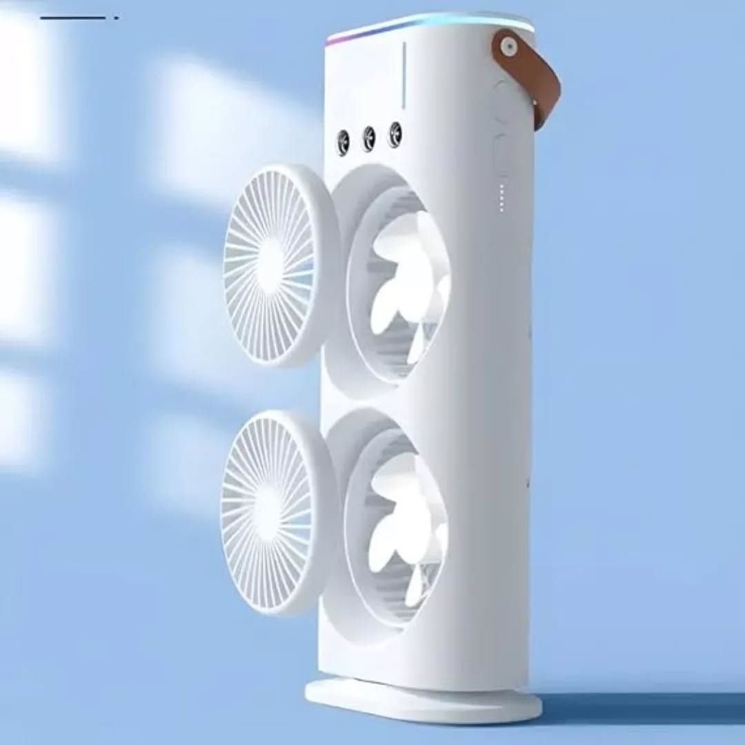 Dual Wind Tower Mini Air Cooler – Portable USB Desktop Fan with LED Ambient Light & Humidifier Mist
