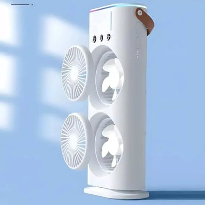 Dual Wind Tower Mini Air Cooler – Portable USB Desktop Fan with LED Ambient Light & Humidifier Mist