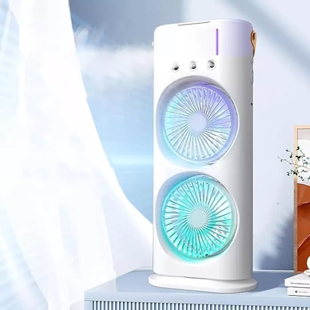 Dual Wind Tower Mini Air Cooler – Portable USB Desktop Fan with LED Ambient Light & Humidifier Mist