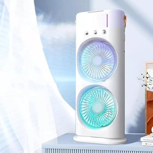 Dual Wind Tower Mini Air Cooler – Portable USB Desktop Fan with LED Ambient Light & Humidifier Mist